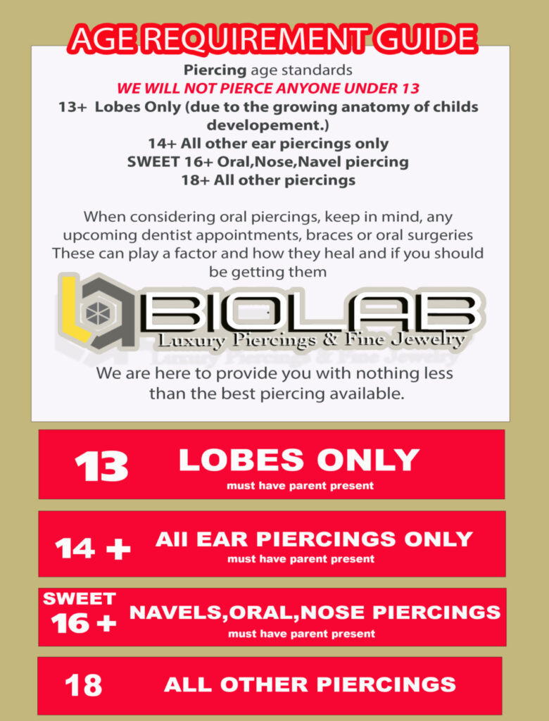 Age requirements for Biolab Piercing in Houston